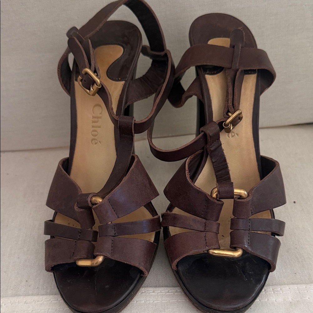 Chloe Rich Brown Leather Sandals with Gold Details
